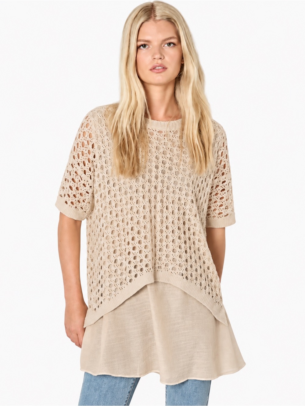 Apricot 🍑- Sand Crochet Open-Knit Short Sleeve Top